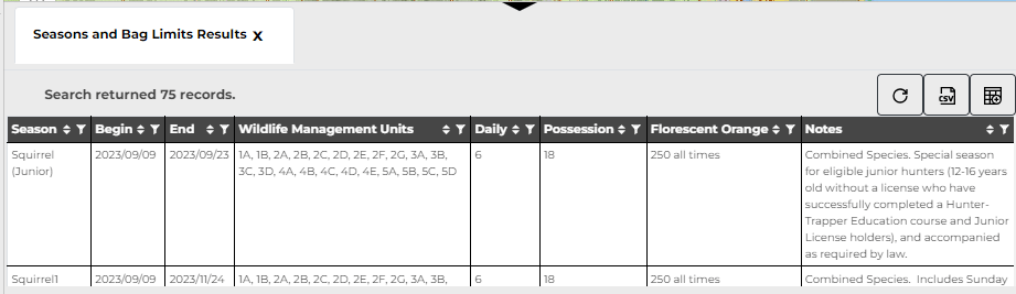 season bag limits table